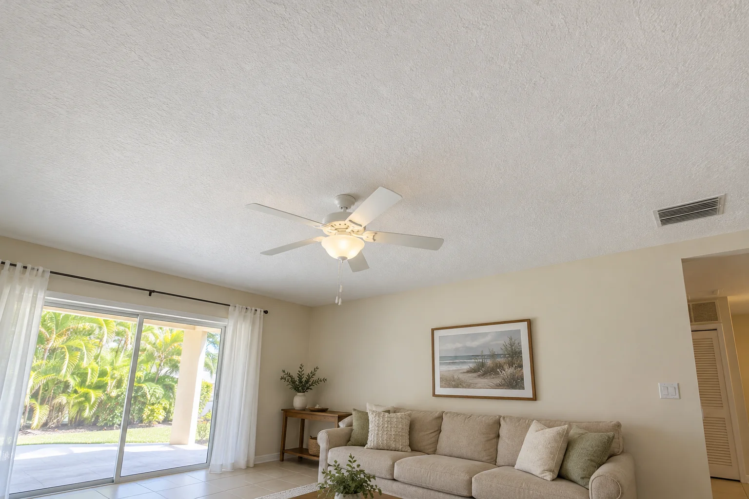 Clean white textured living room ceiling with a white fan, sliding doors, and a beige sofa.